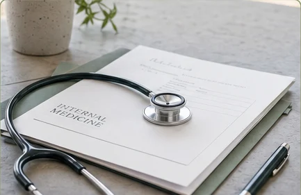 A stethoscope resting on an internal-medicine chart folder