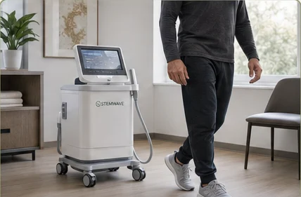 A StemWave acoustic-wave unit beside a patient walking comfortably