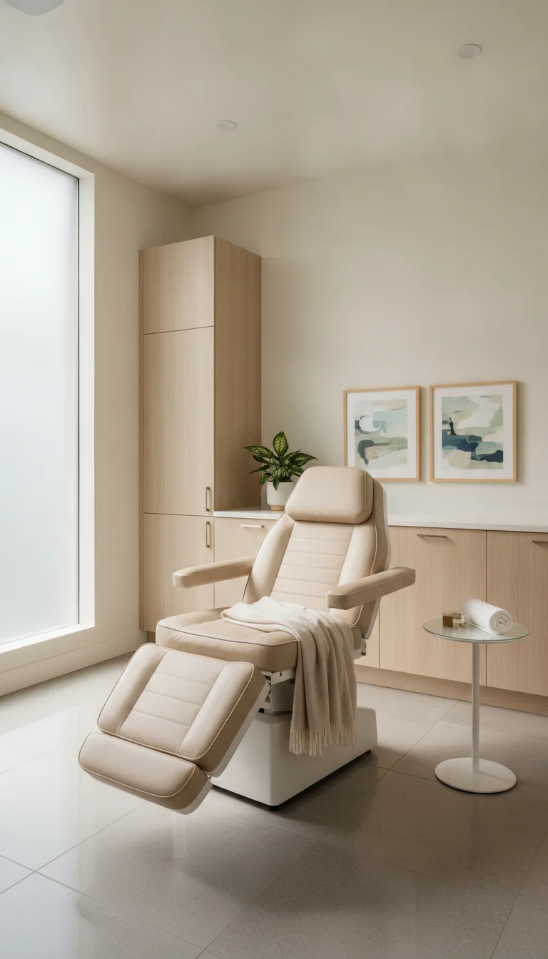 A bright treatment room with a reclining exam chair