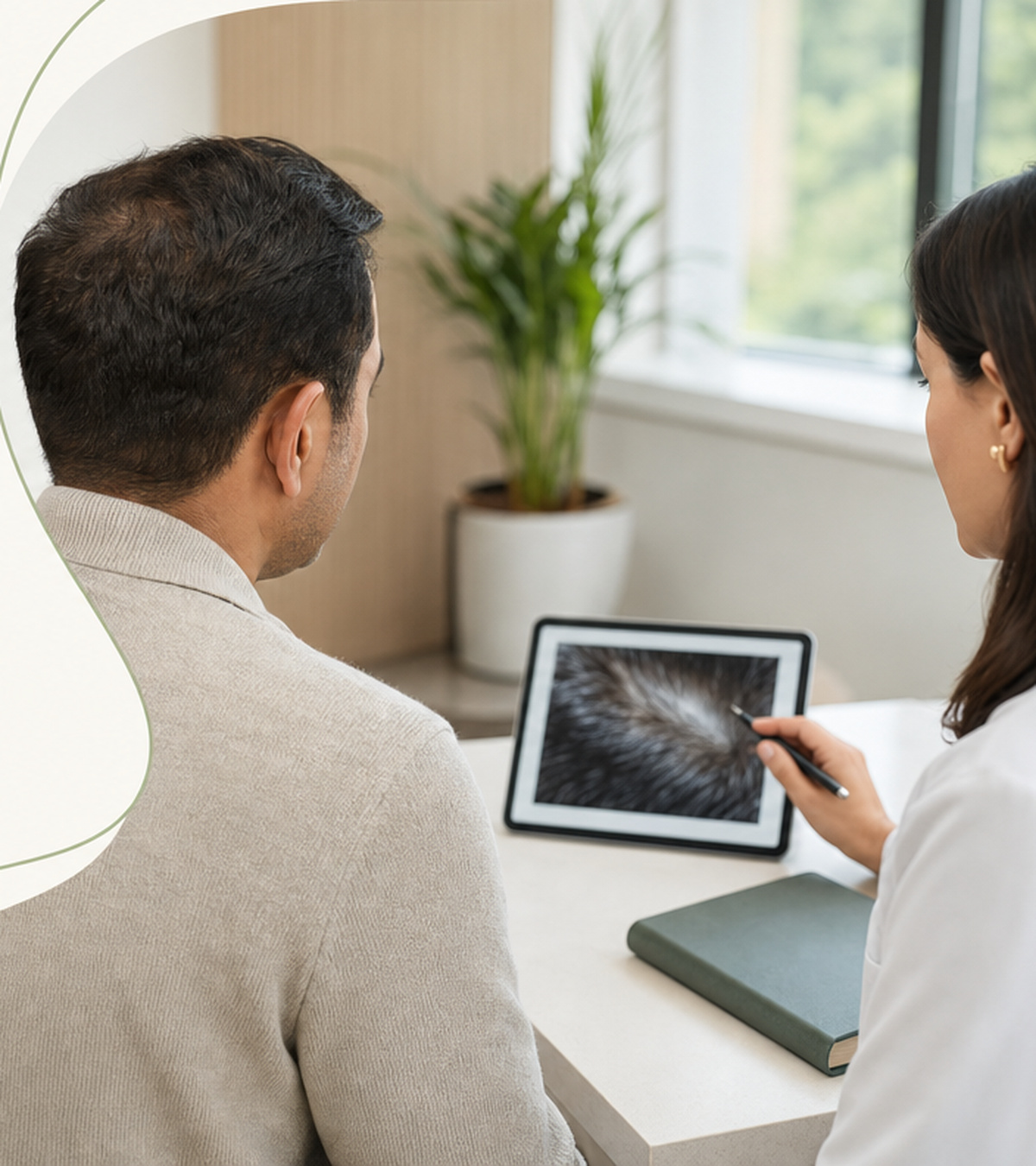 A clinician points to a scalp image on a tablet while talking with a patient during a hair consultation