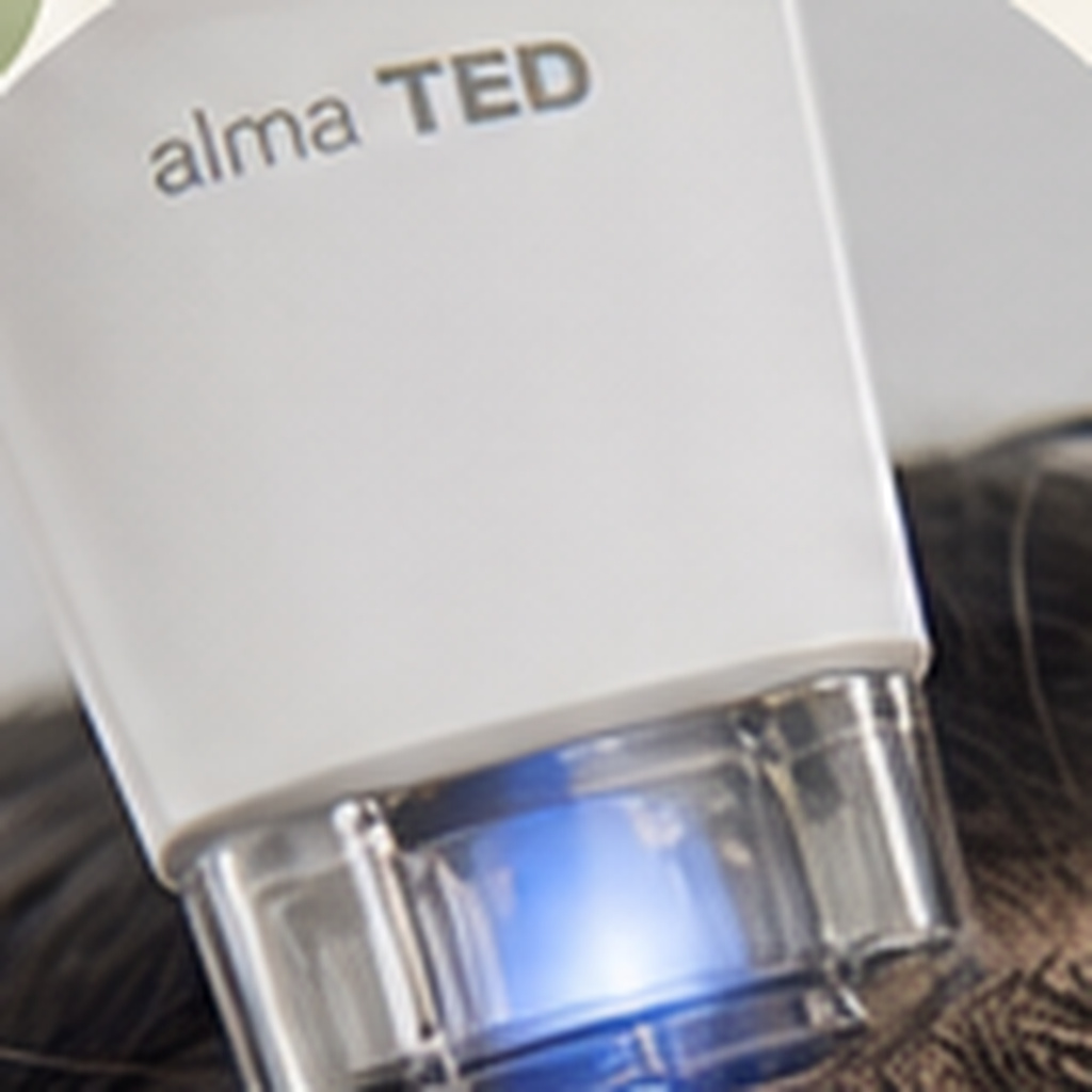 The Alma TED handpiece with its blue light applied to a patient's scalp