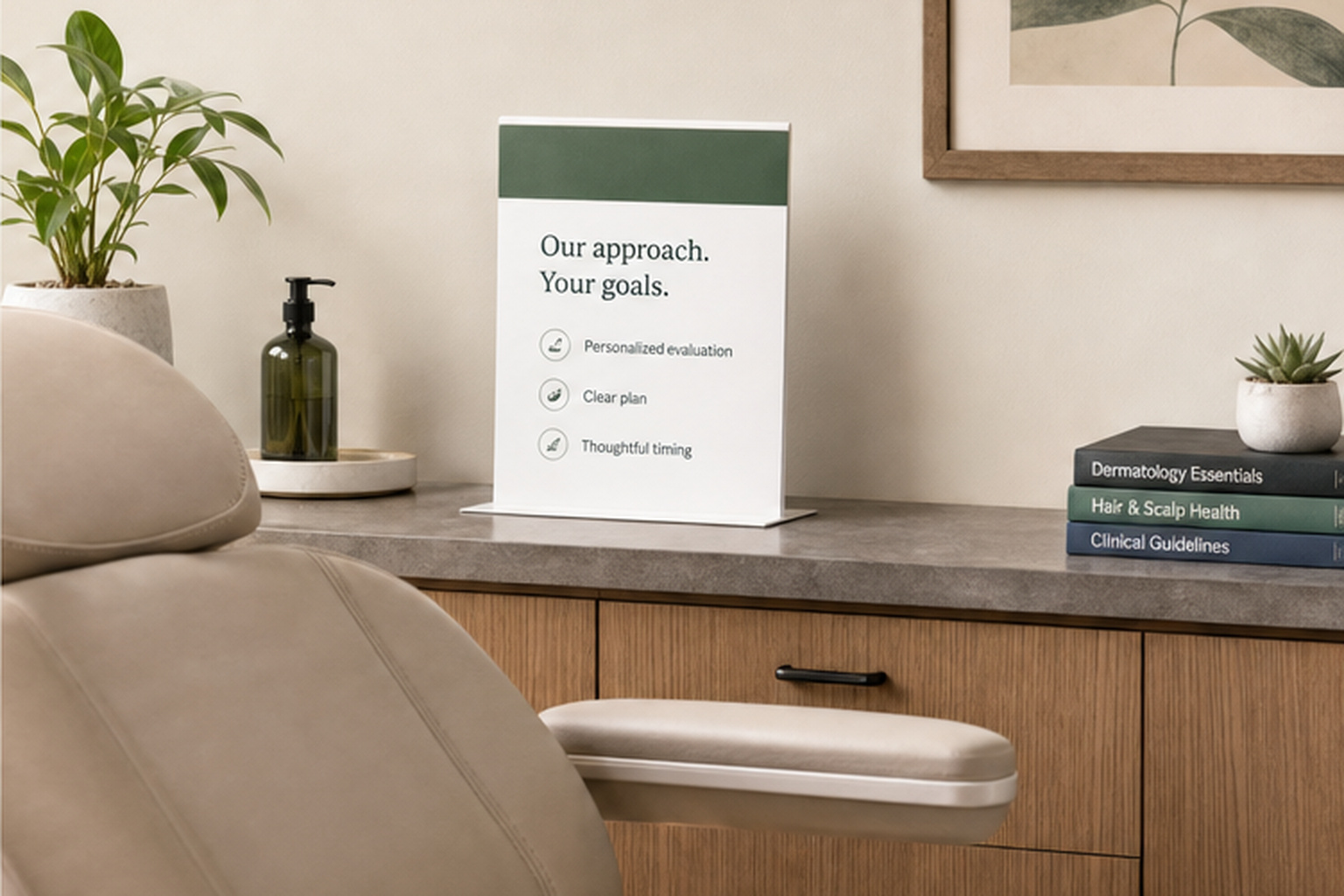 A calm treatment room with a consultation chair and a placard reading 'Our approach. Your goals.'