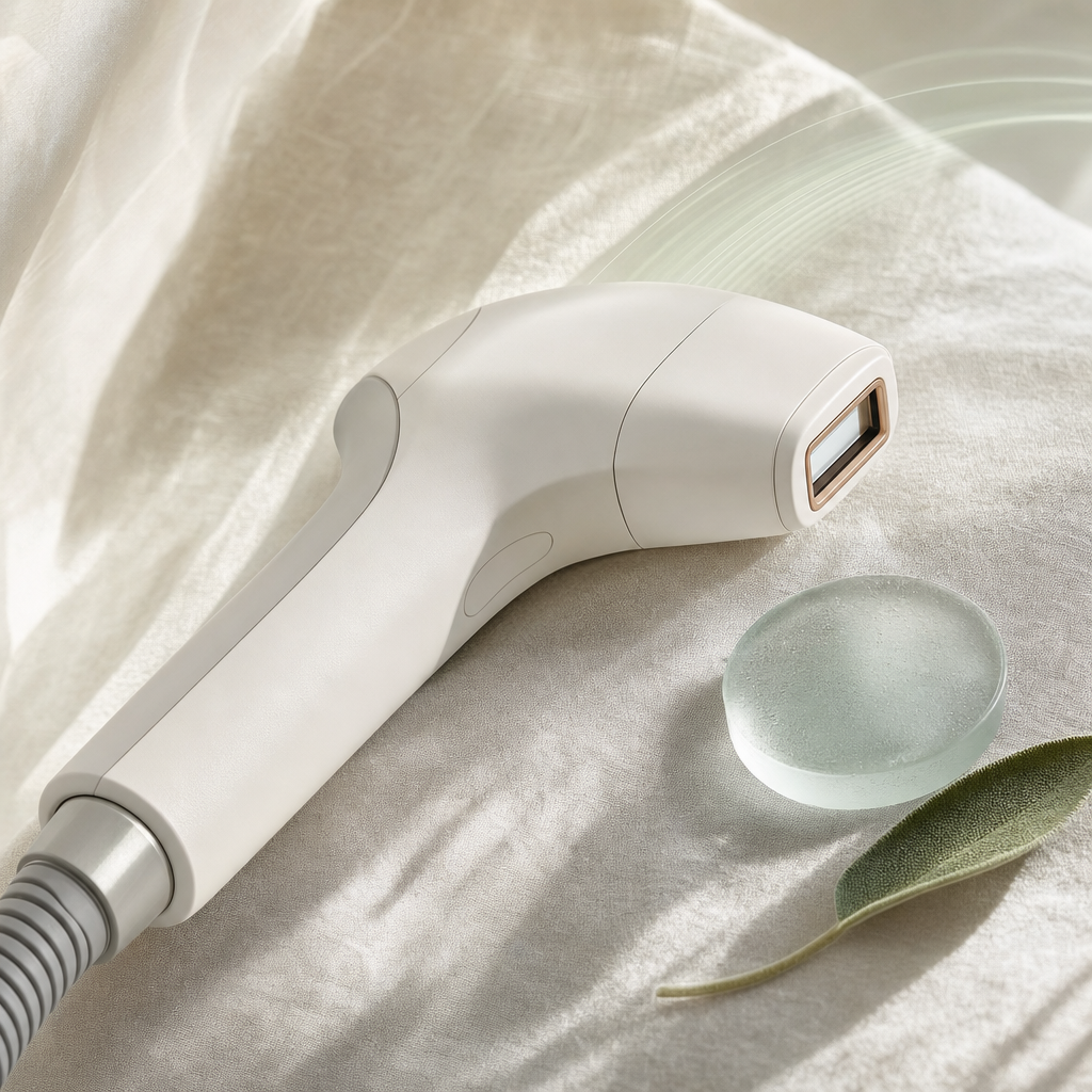 Laser treatment handpiece on ivory linen beside a cooling disc and sage leaf