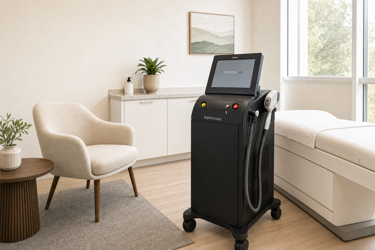 Soprano ICE laser console in a warm treatment room beside an armchair and treatment bed