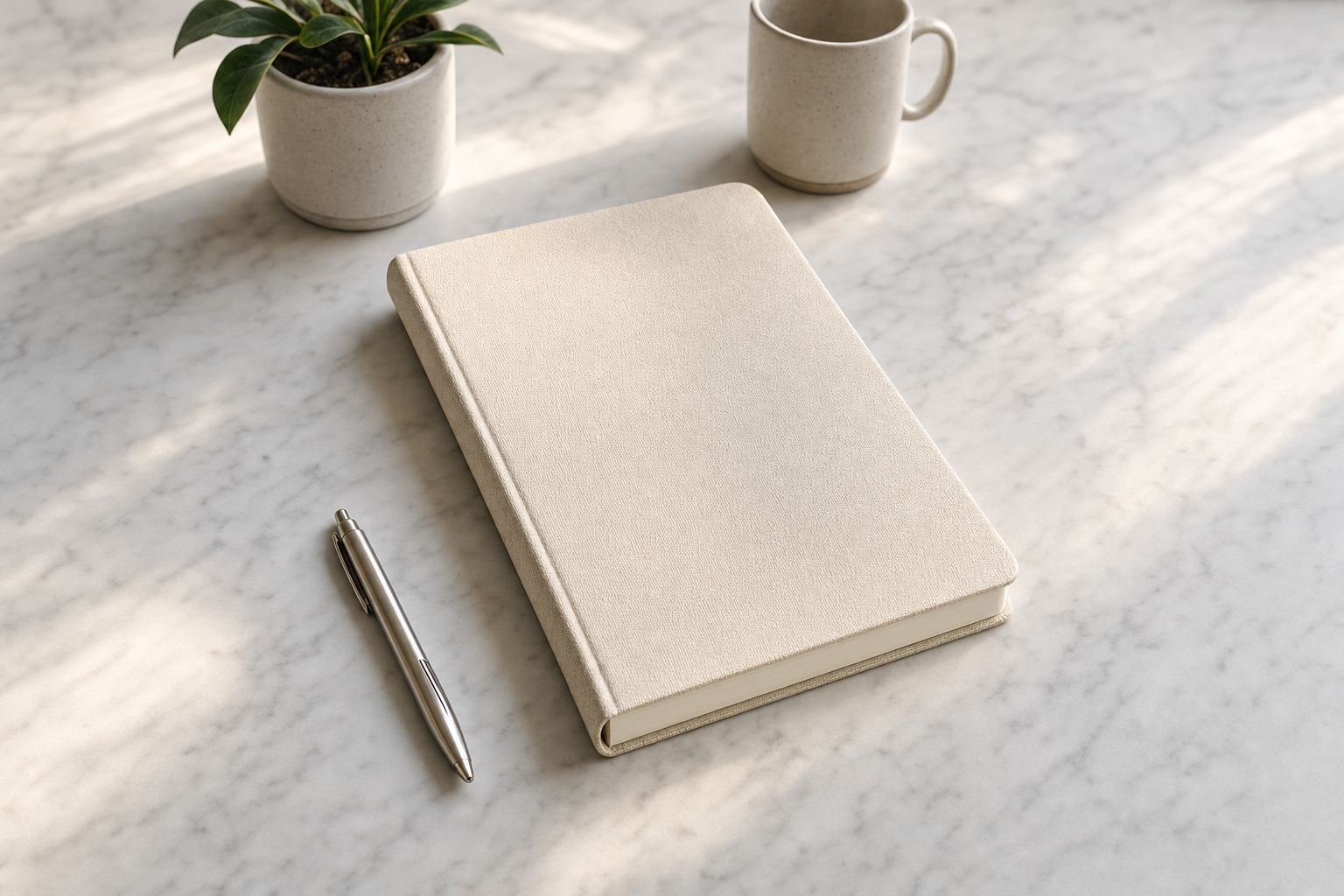 A blank cloth-bound field-guide notebook and pen resting on a marble desk