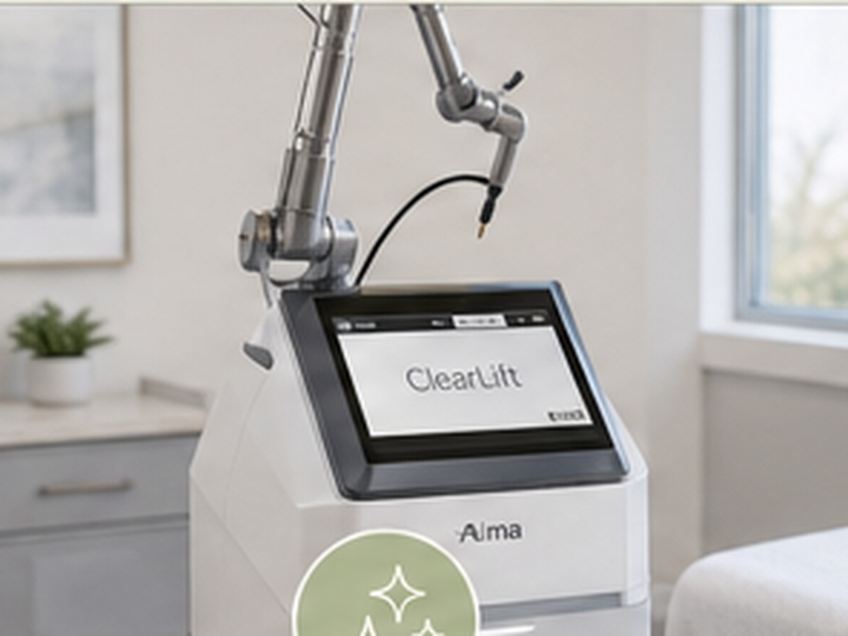 ClearLift skin rejuvenation laser with articulated arm and screen in a treatment room