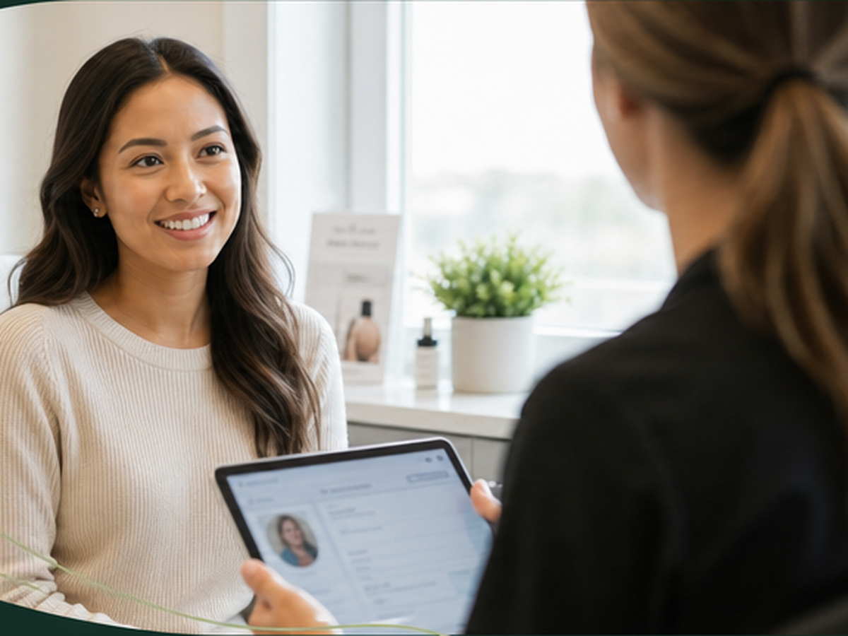 A smiling patient talking through a treatment plan on a tablet with a MedSpa clinician