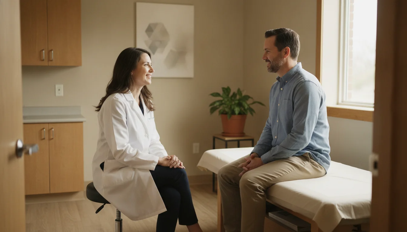 A physician seated on a stool talking with a patient on the exam table in a warm exam room