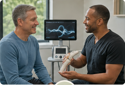 A clinician walking a patient through a StemWave session in a treatment room