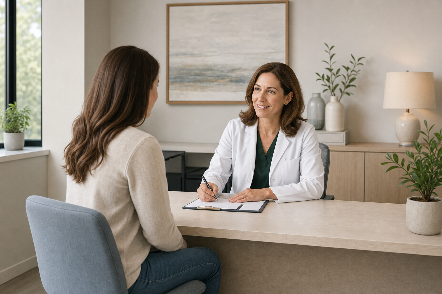 A clinician and a patient talking across a consultation desk
