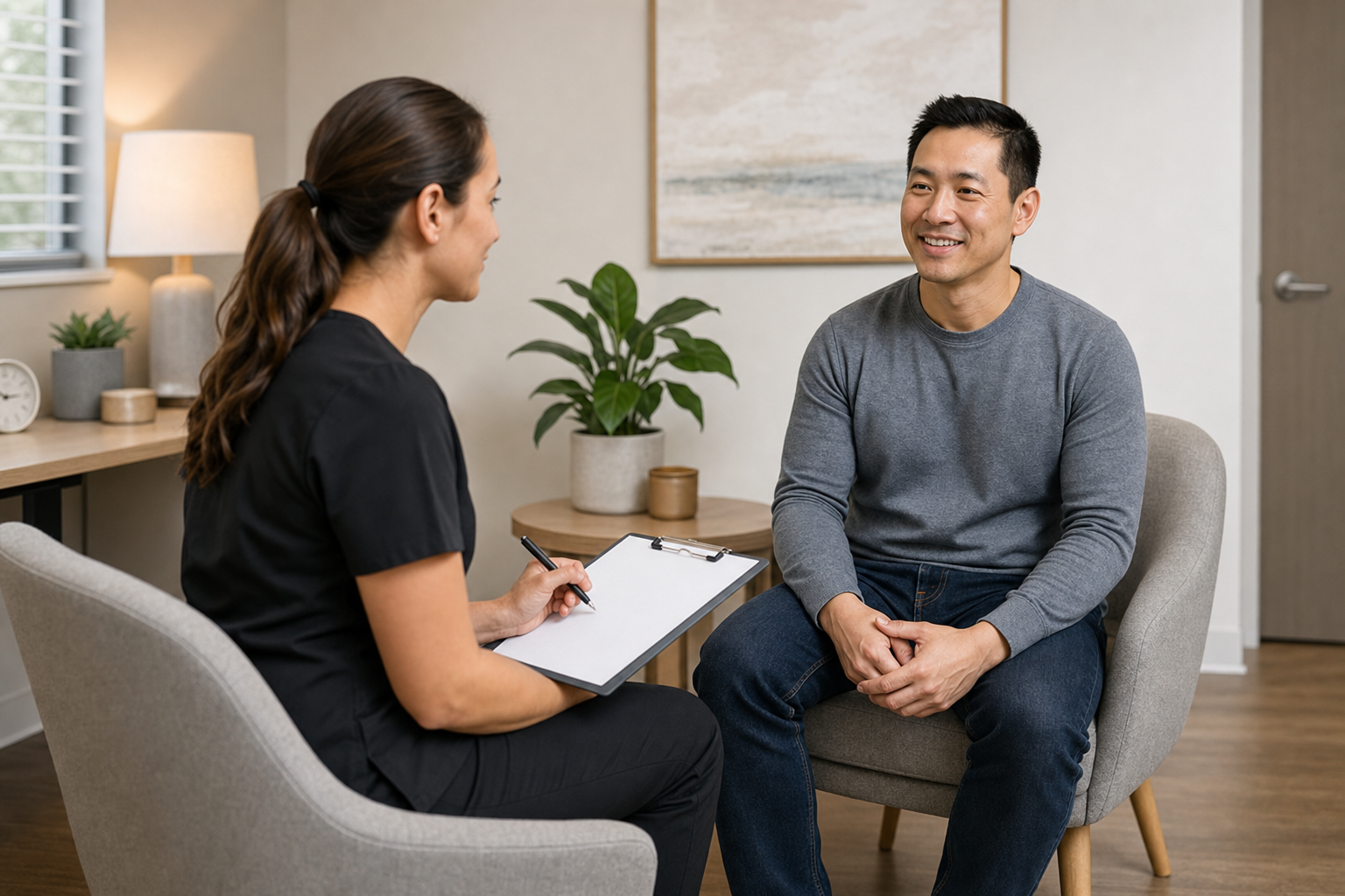 A clinician reviewing notes with a smiling patient during a follow-up visit