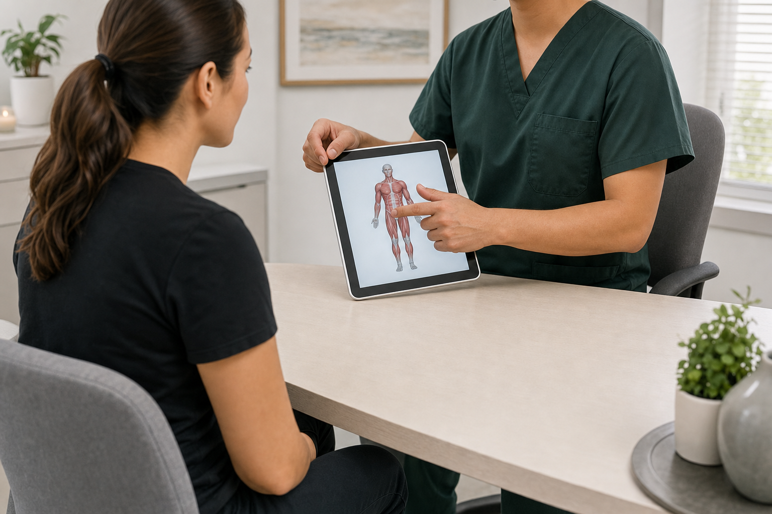 A clinician pointing to an anatomy diagram on a tablet while a patient looks on