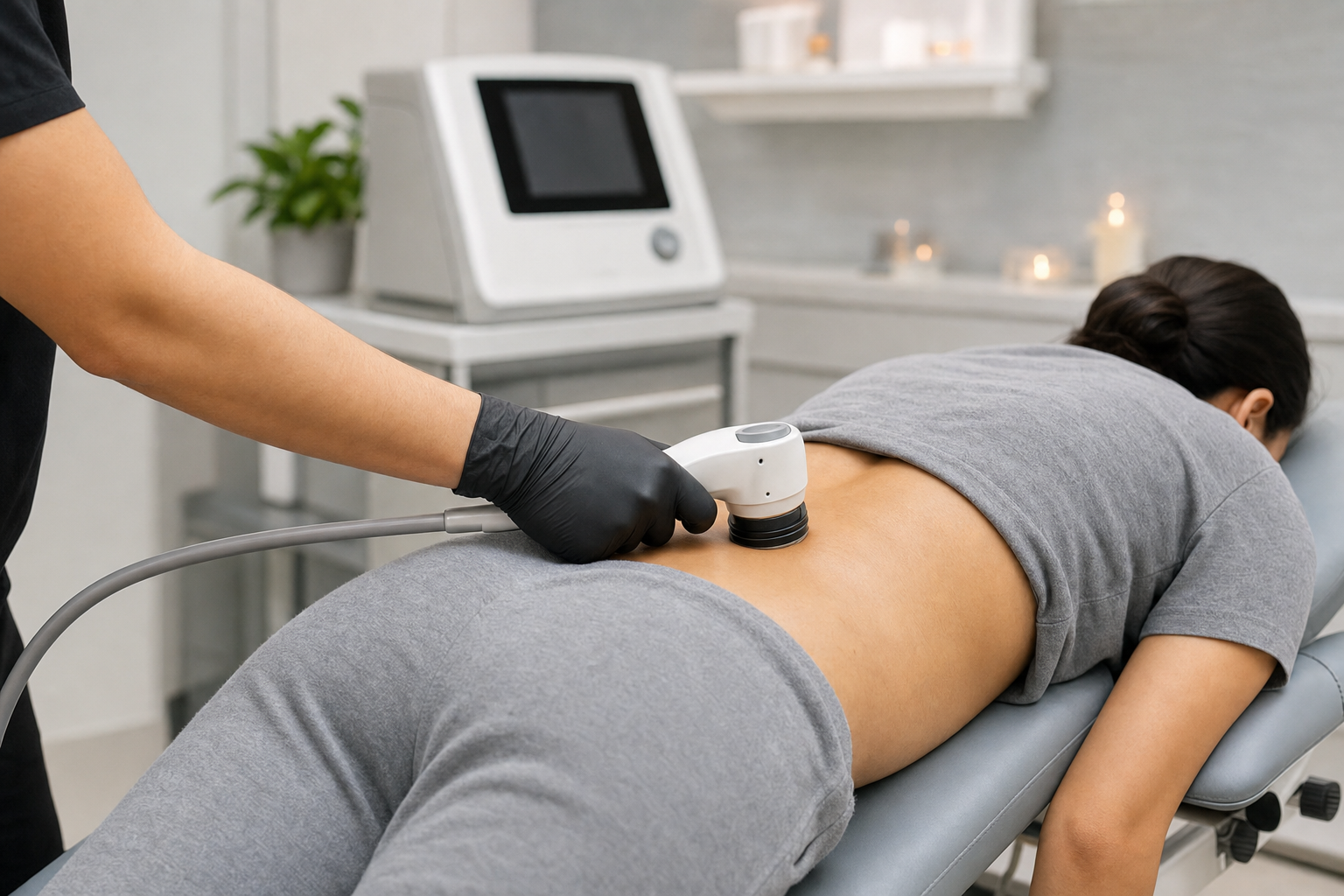A gloved clinician applying an acoustic-wave applicator to a patient's lower back
